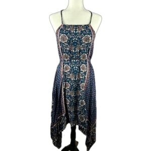 Angie Boho Floral Handkerchief Halter Midi Dress Medium Blue
